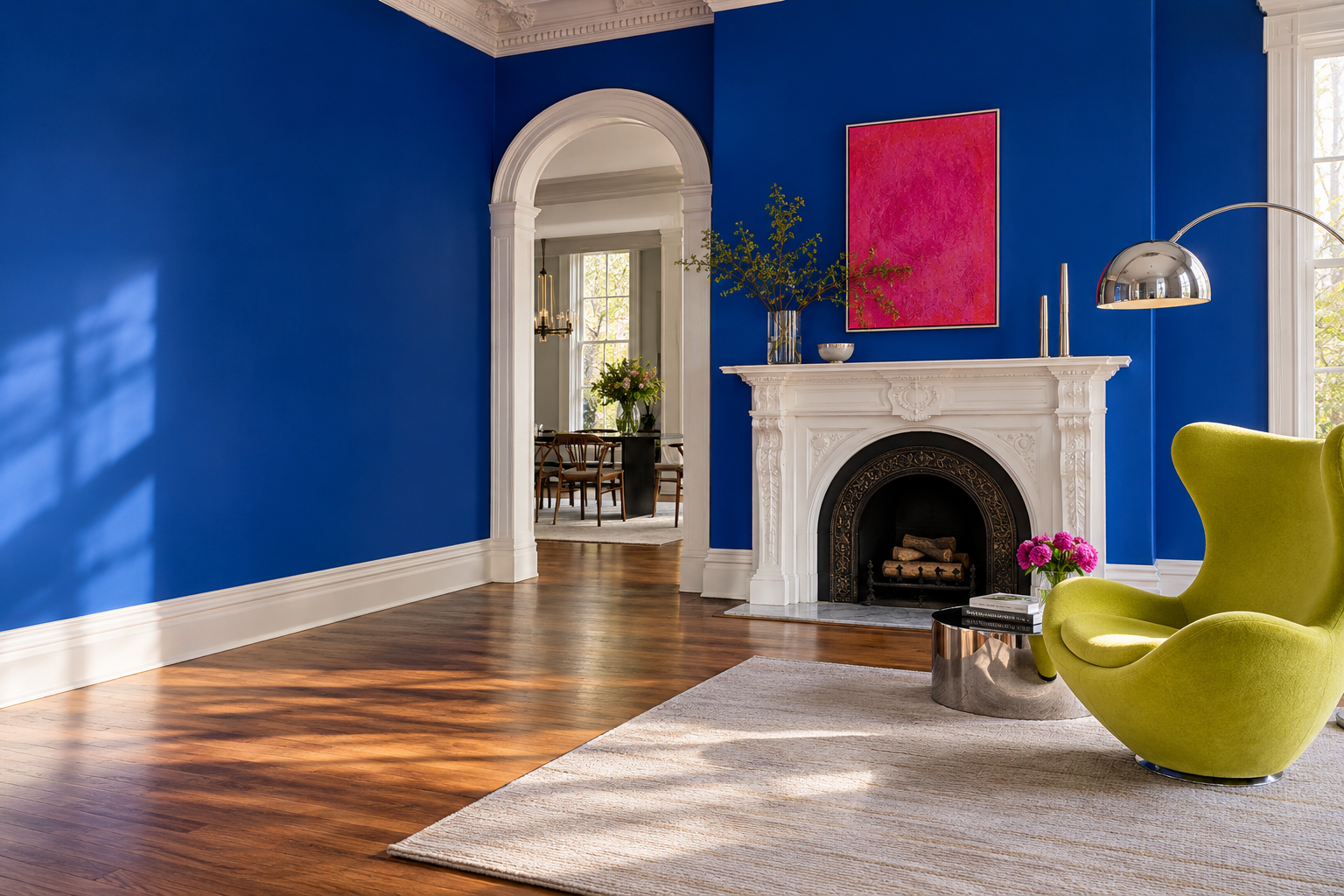 Color inspiration: cobalt walls, a white period fireplace and a lime accent chair