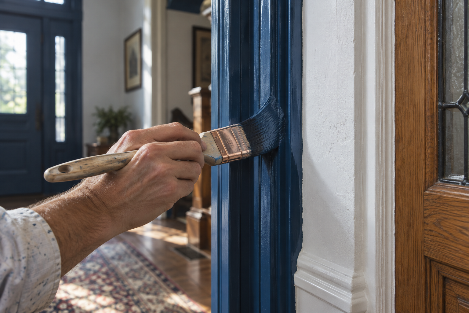 Illustration of careful brushwork along painted wood trim